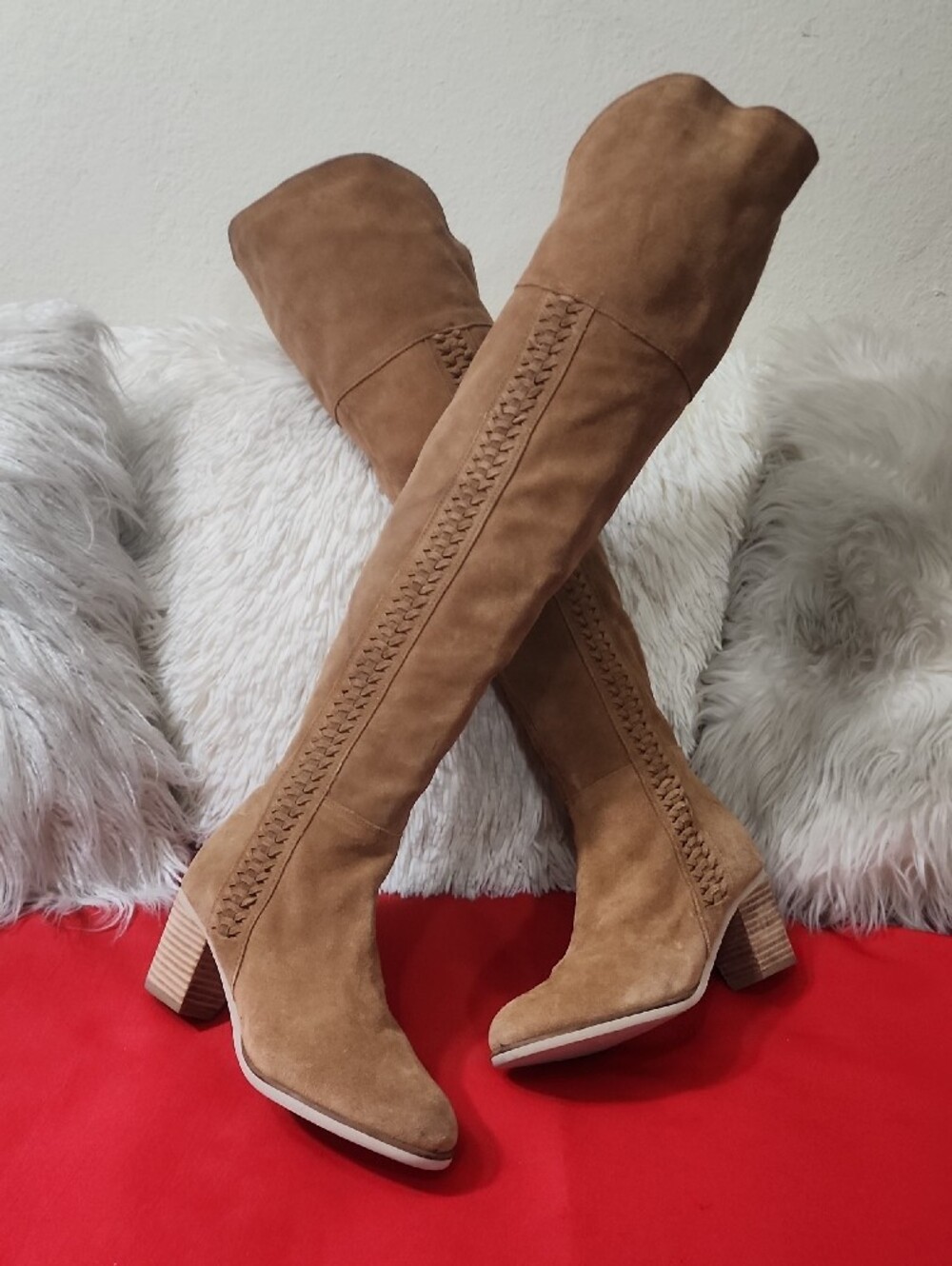 Matisse Tall Suede Over-the-Knee Boots in Tan with Braided Detail